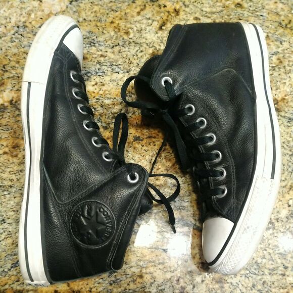 Rare Black Chuck Taylor All Star Converse Leather Mid Top Sneakers Mens 10 D - Picture 8 of 12